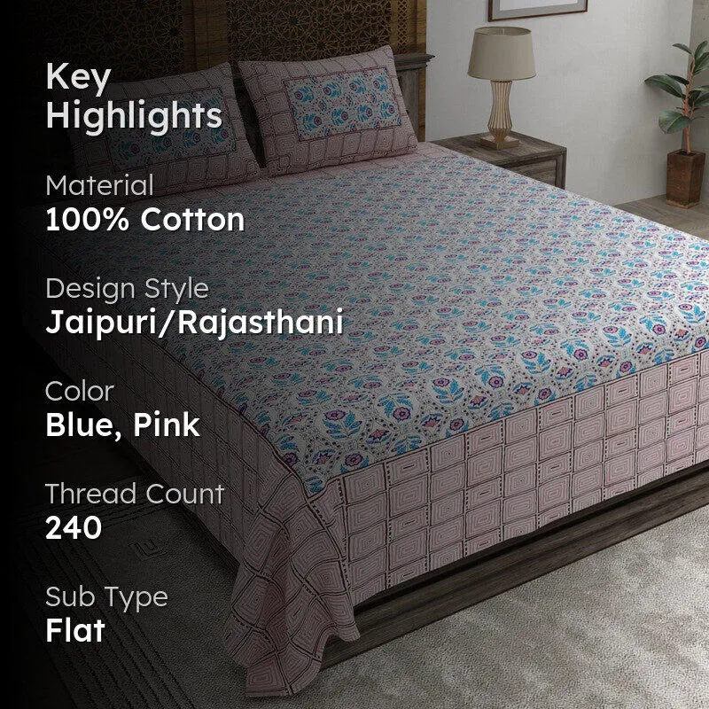 Aurao Cotton Bedsheet (Blue,Pink) - 240 TC media 2
