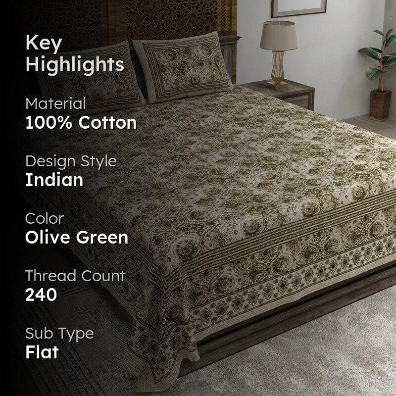 Loomet Cotton Bedsheet (Olive Green) - 240 TC media 2