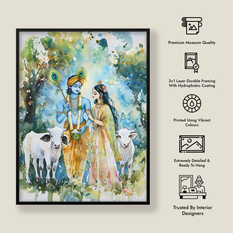 Sri Radha Krishna Spiritual Archival Paper Wall Painting With Frame - Black media 8