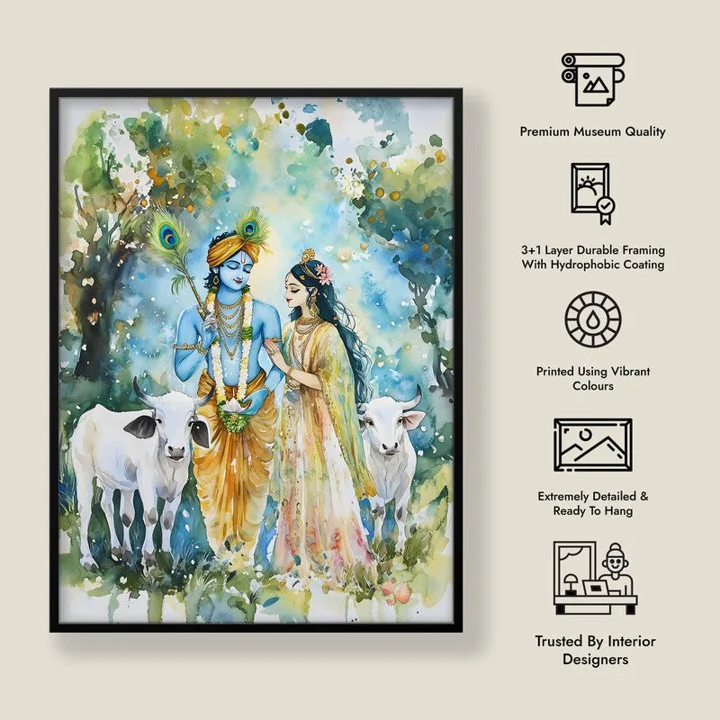 Sri Radha Krishna Spiritual Archival Paper Wall Painting With Frame - Black media 8