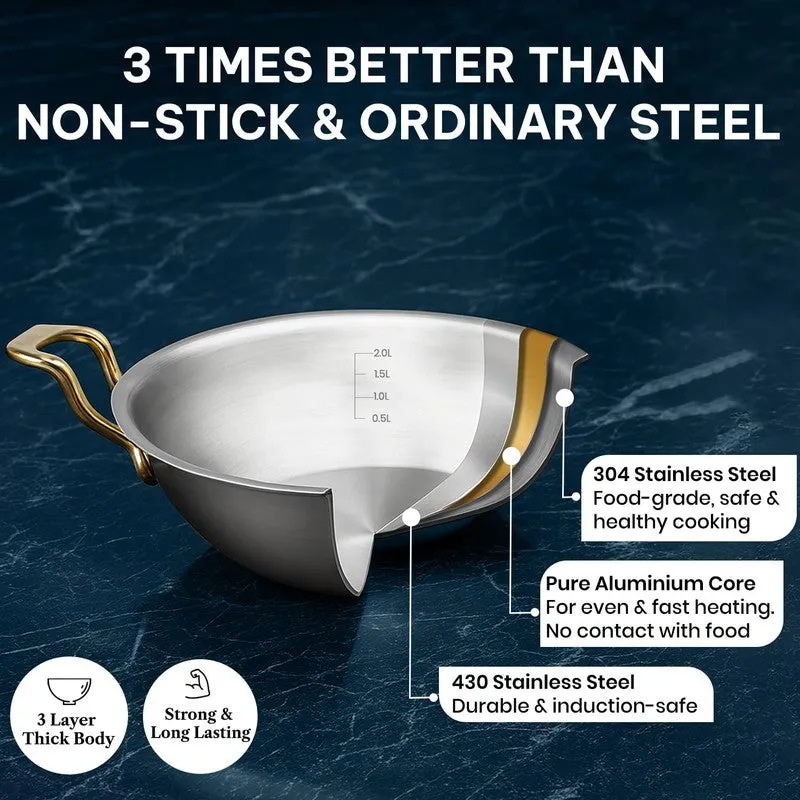 Solara Stainless Steel Kadhai With Lid - 2300 mL/7.2 Inch media 4