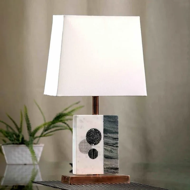 Blaze Printed Fabric Table Lamp With Marble & Copper Base - White,Black media 1