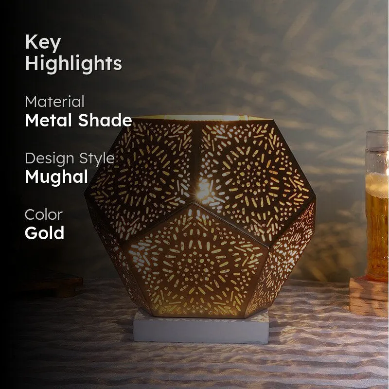 Hexa Flora Etched Metal Table Lamp With White Base - Gold media 2