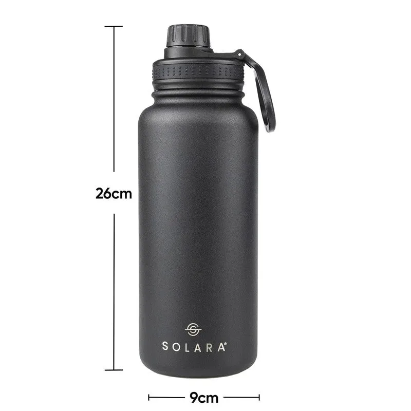 Front view of black Solara bottle with size markers
