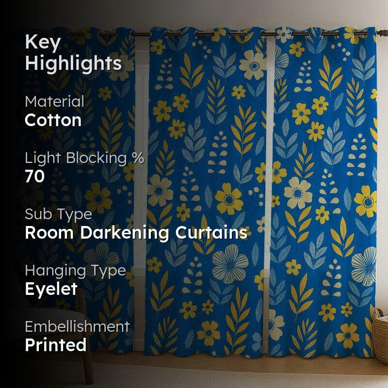 PetalPop Cotton Curtains (blue,yellow) - Set Of Three media 2