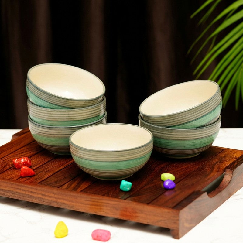 Morsel Ceramic Snack Bowls (Green, 180 mL Each) - Set Of Six