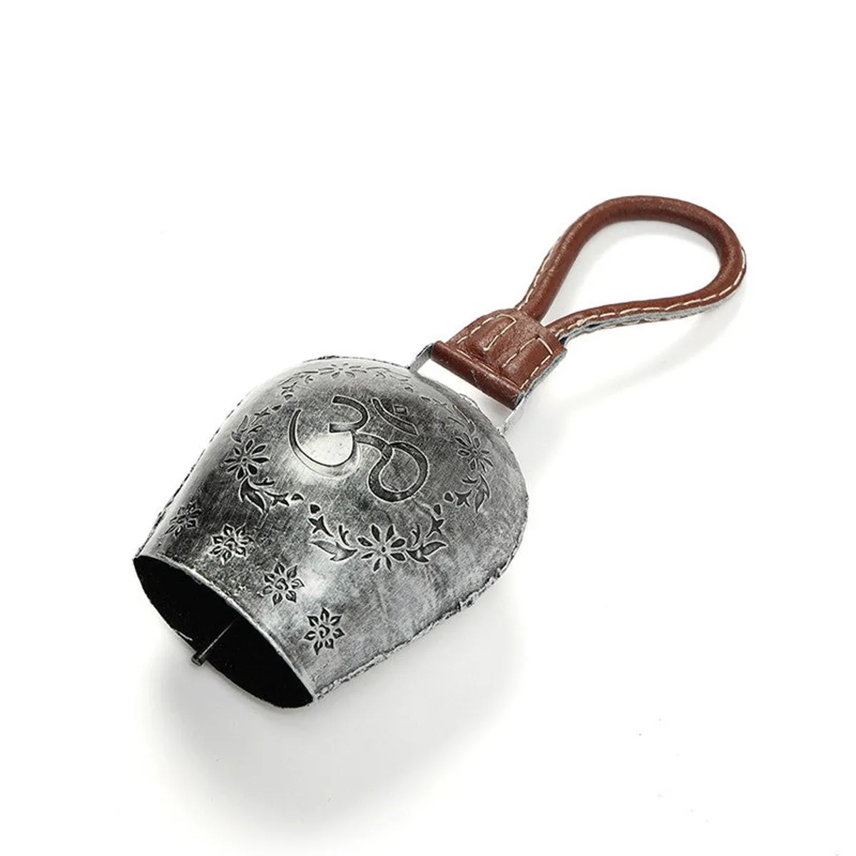 Silver bell shown at an angle with its open base and brown hanging loop