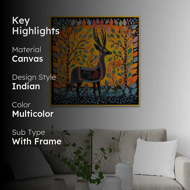 Deer In Trance Canvas Wall Painting With Frame - Gold media 2