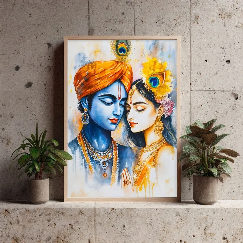 Vrindavana Radhe Krishna Spiritual Archival Paper Wall Painting - Natural Brown Frame media 3