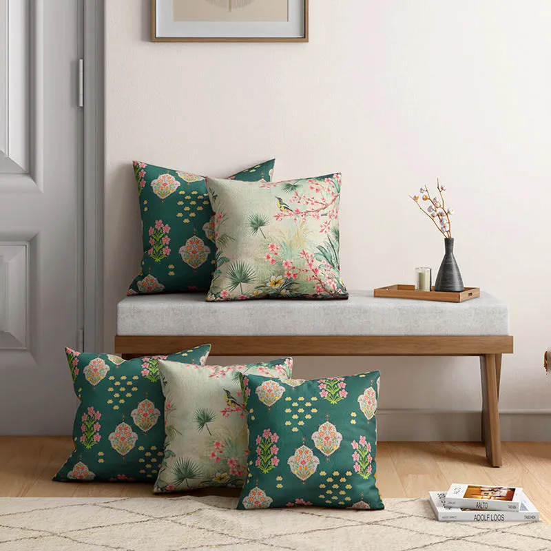 India Circus Floral Frolic Printed Velvet Cushion Cover - Set Of Five media 1