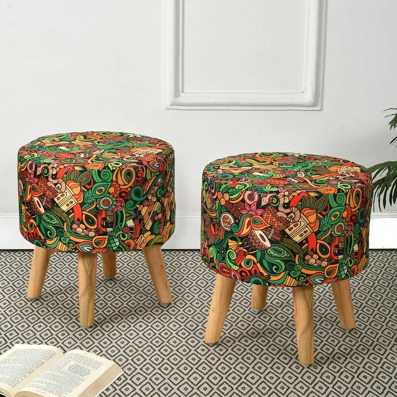 Avira Blueleaf Print Multicolor Engineered Wood Ottomans - Set Of Two media 1
