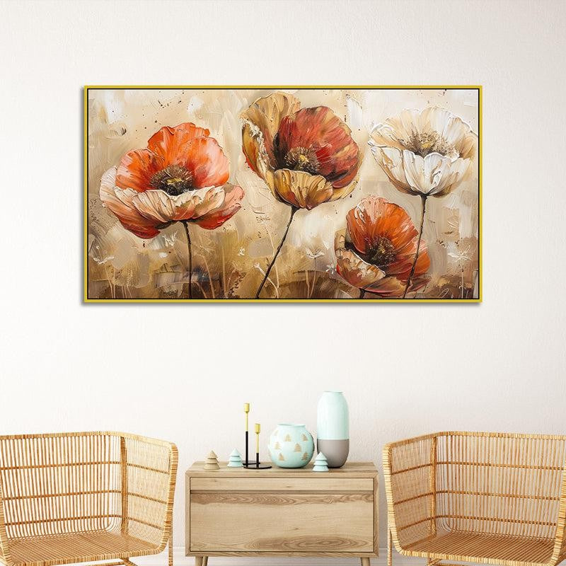 Poppies Of Autumn Floral Canvas Wall Painting With Frame - Gold - Small