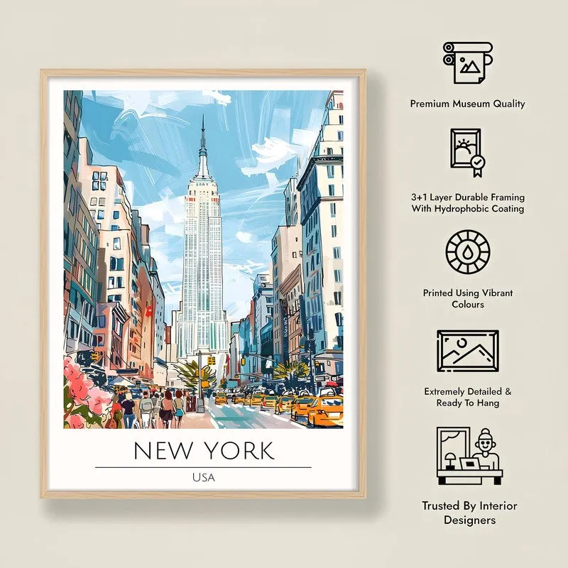 Vintage New York Framed Canvas Archival Canvas Wall Painting - Natural Brown Frame media 8