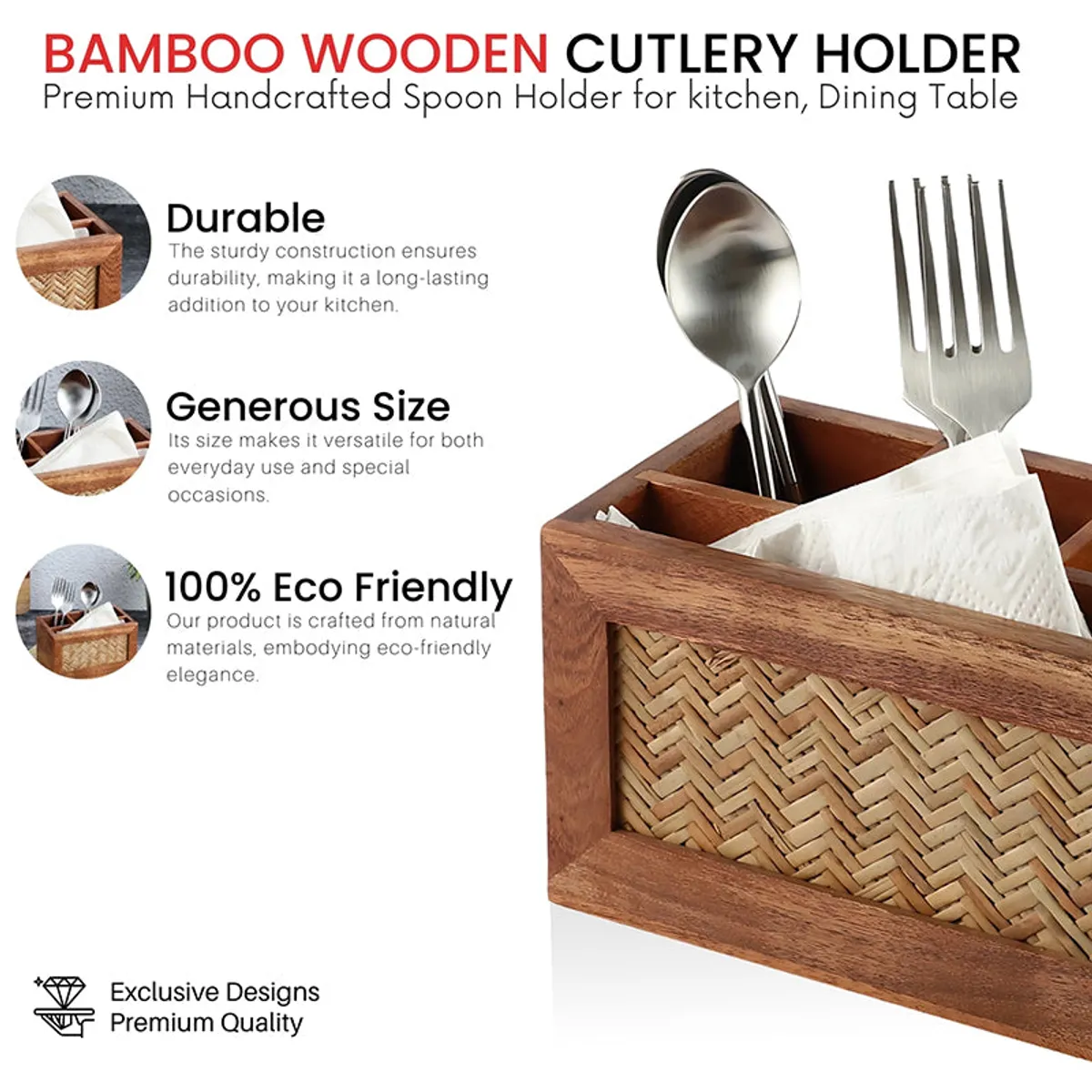 Wooden cutlery holder shown with spoons, forks and napkins in its compartments