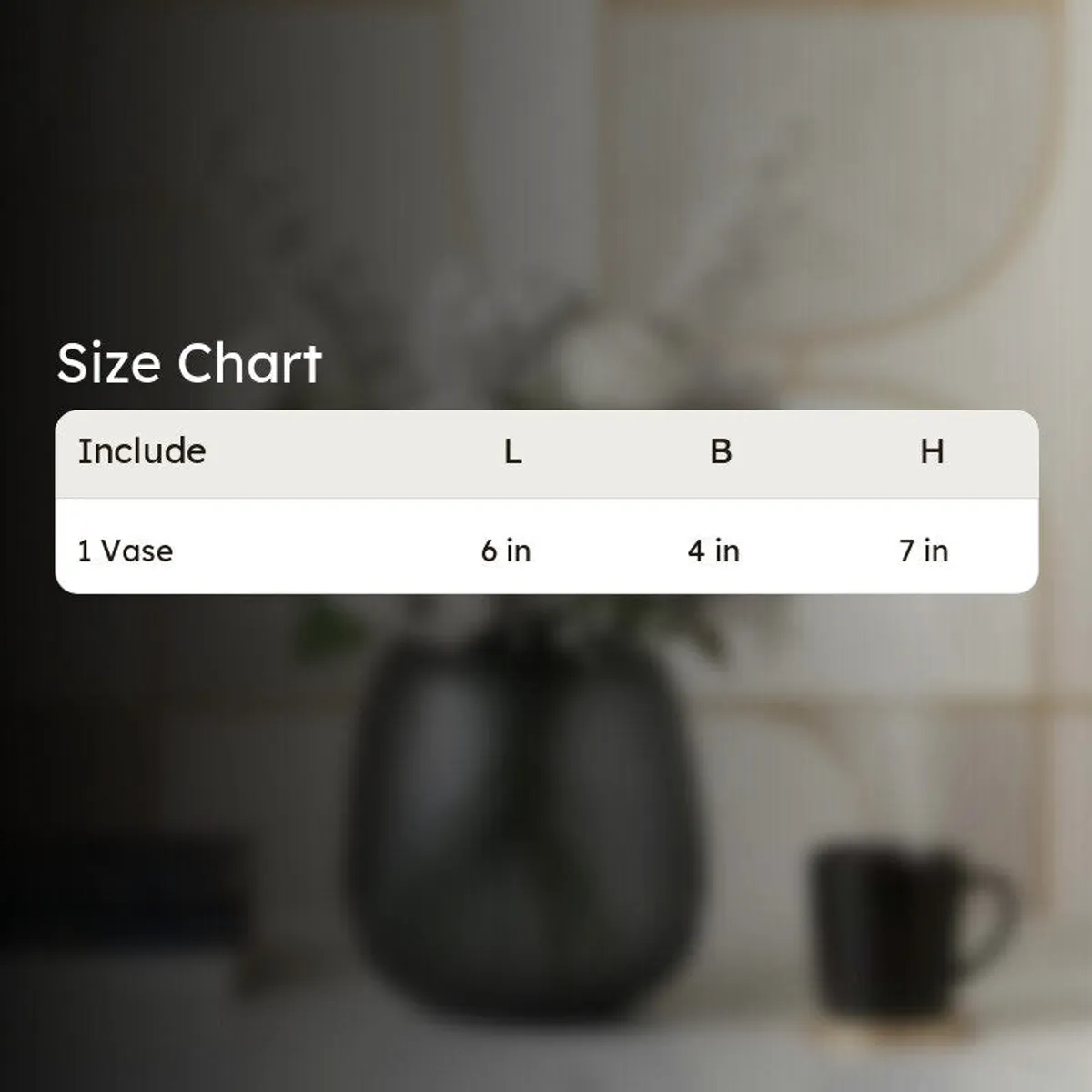 Blurred vase in the background with a size chart overlay