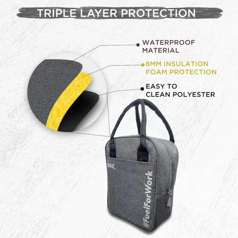 Grey lunch bag shown with its layered insulated construction