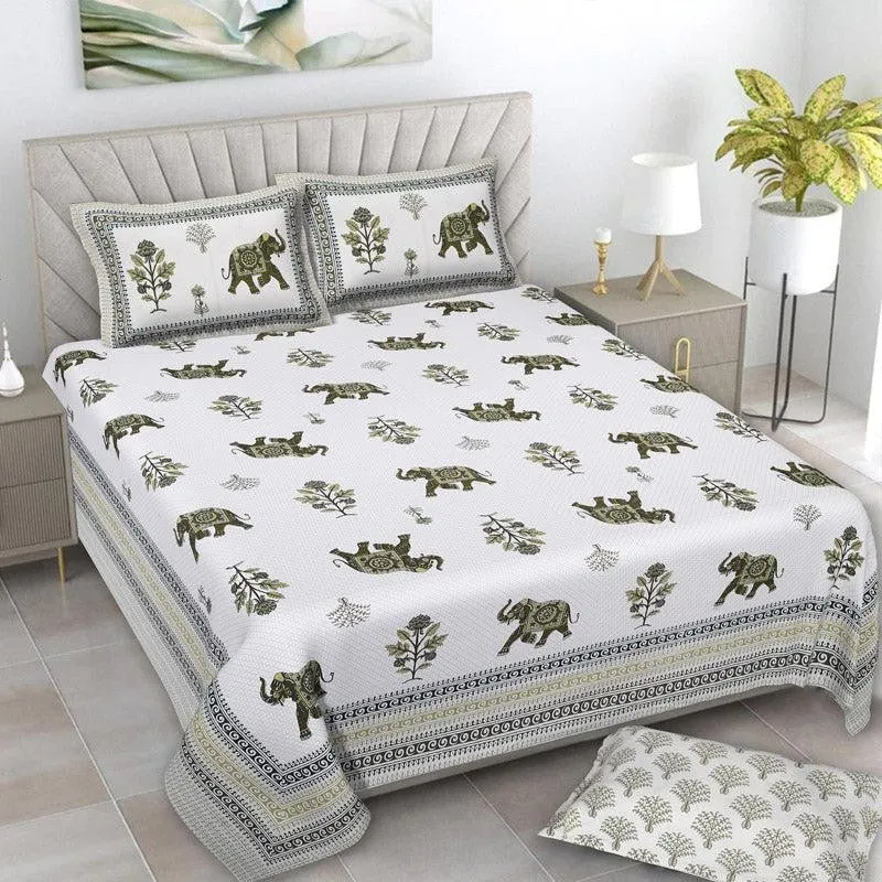 Gajesara Ethnic Cotton Bedsheet (Olive Green) - 160 TC media 1