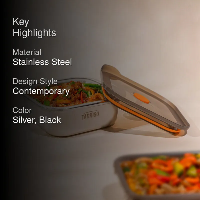 Stainless steel storage container with closed lid and orange trim