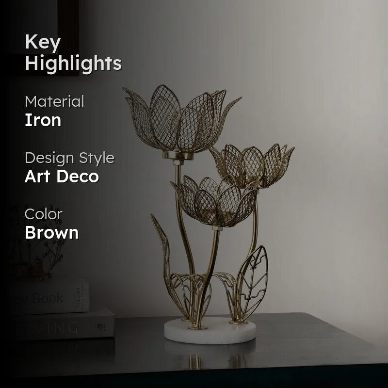 Lotus-inspired candle holder displayed on a tabletop in a styled room