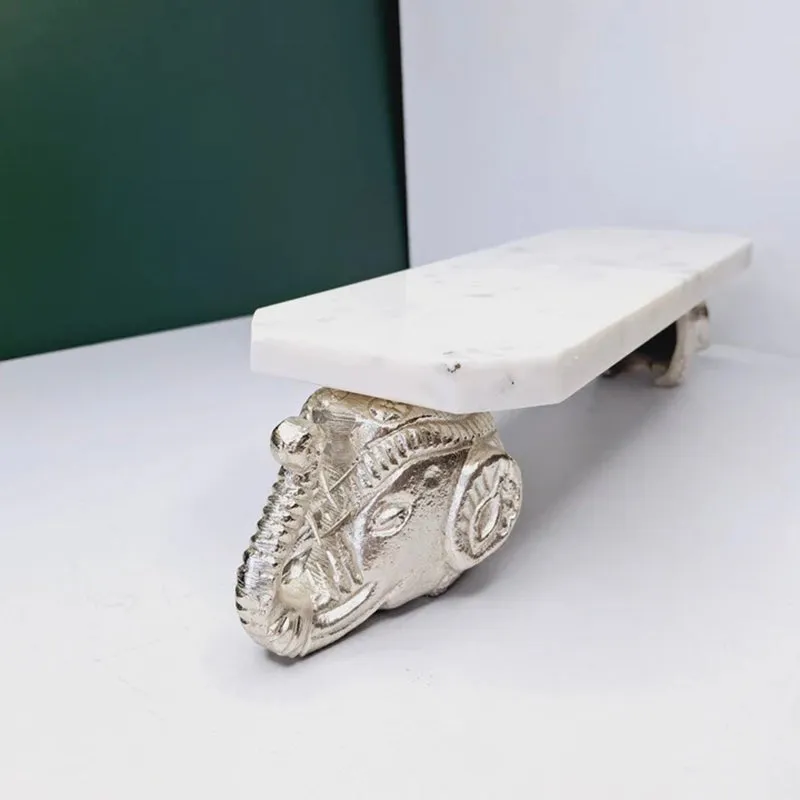 Hastina Marble and Metal Pooja Chowki with Elephant Design media 4