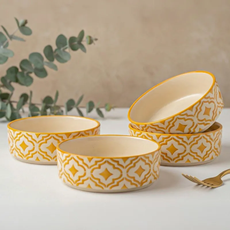 Feastio Ceramic Salad Bowl (Yellow & White/350 mL) - Set of Four - 1
