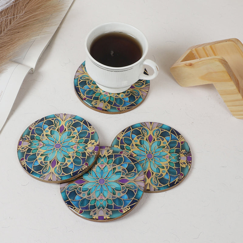 Floral Feast Wooden Coasters with Stand - Five Piece Set