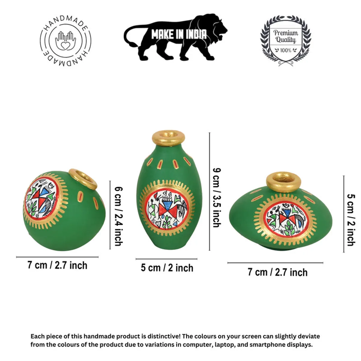 Three green urn vases shown with size illustration graphic