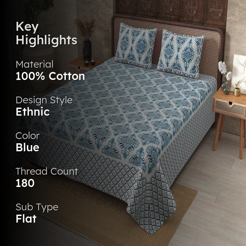 Dhutha Ethnic Cotton Bedsheet (Blue) - 180 TC media 2