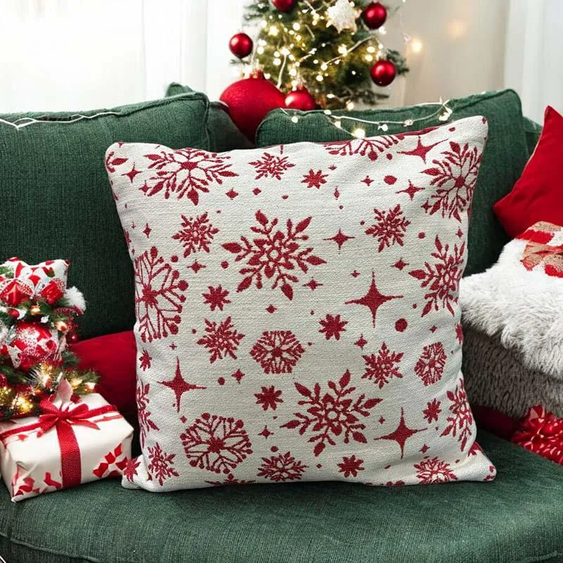 Crimson Flurries Cotton Christmas Cushion Cover media 4