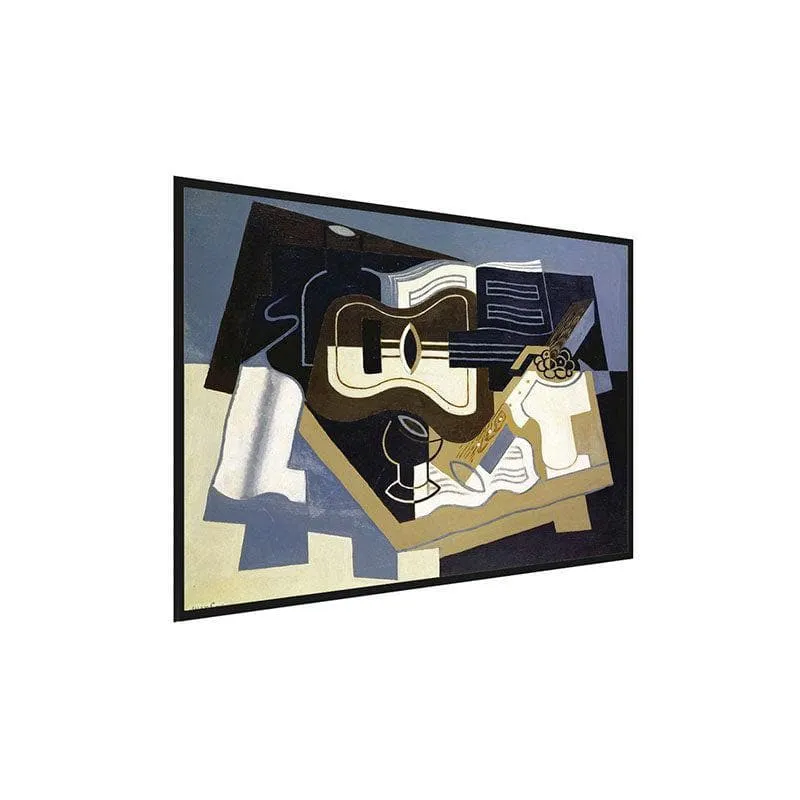 Framed abstract painting with a guitar, clarinet and geometric shapes on a white background
