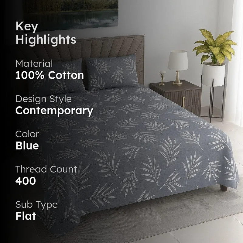 Leaf Mist Cotton Bedsheets (Blue) - 400 TC media 2