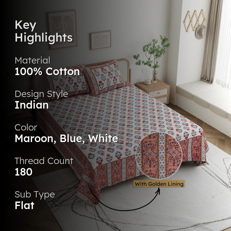 Shringar Cotton Bedsheet (Maroon,Blue) - 180 GSM media 2