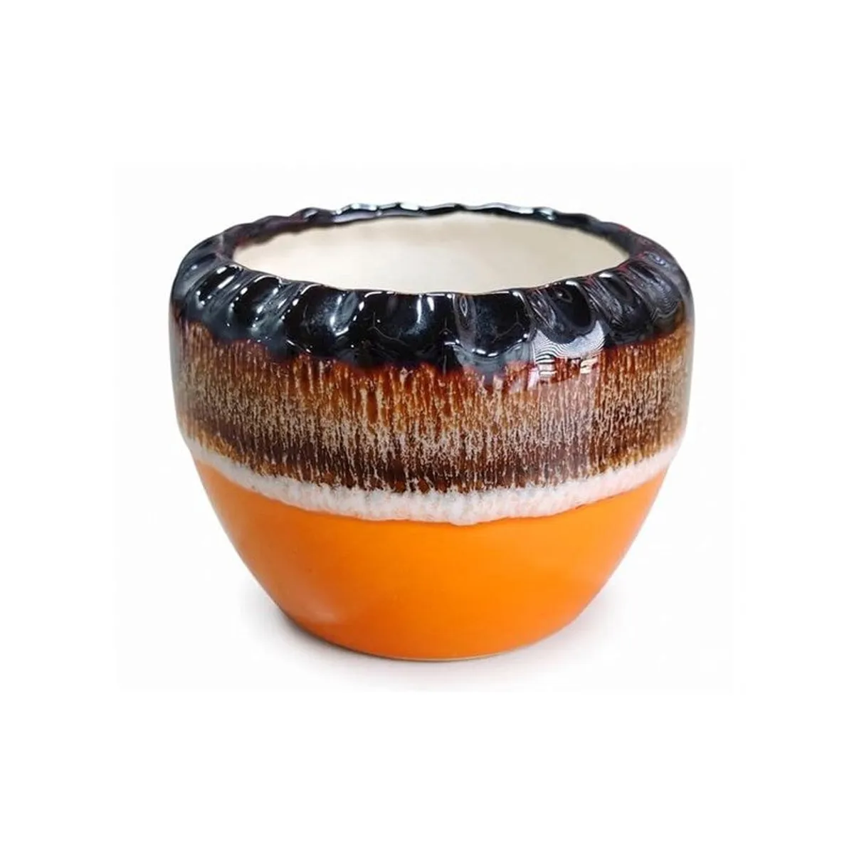 Close-up of a round glossy ceramic planter with orange, brown and black bands.
