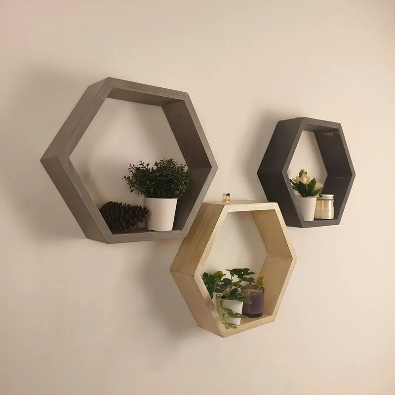 Loftia III Hexagonal Shaped Wooden Wall Shelves - Set of 3 media 3