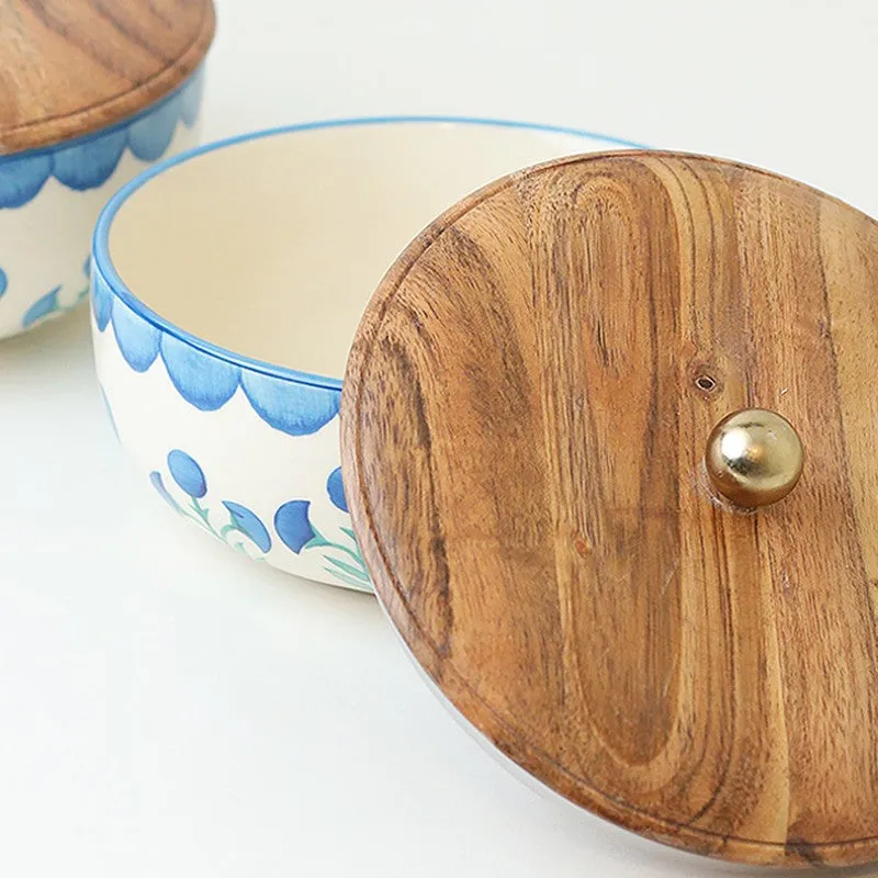 Blossom Petal Whisper Ceramic Bowl with Mango Wood Lid - 750 mL media 5