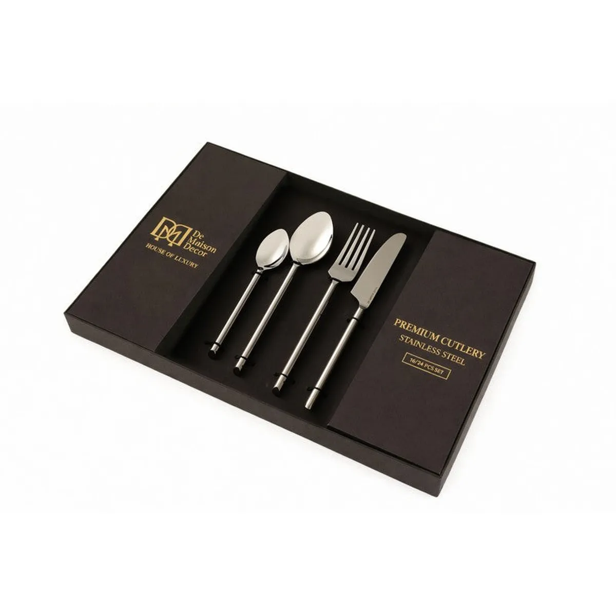 Sixteen-piece silver cutlery set arranged in a presentation box