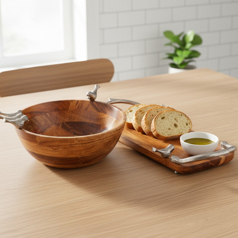 Meadow Birds Wood Salad Bowl and Platter (1250 Ml) - Two Piece Set