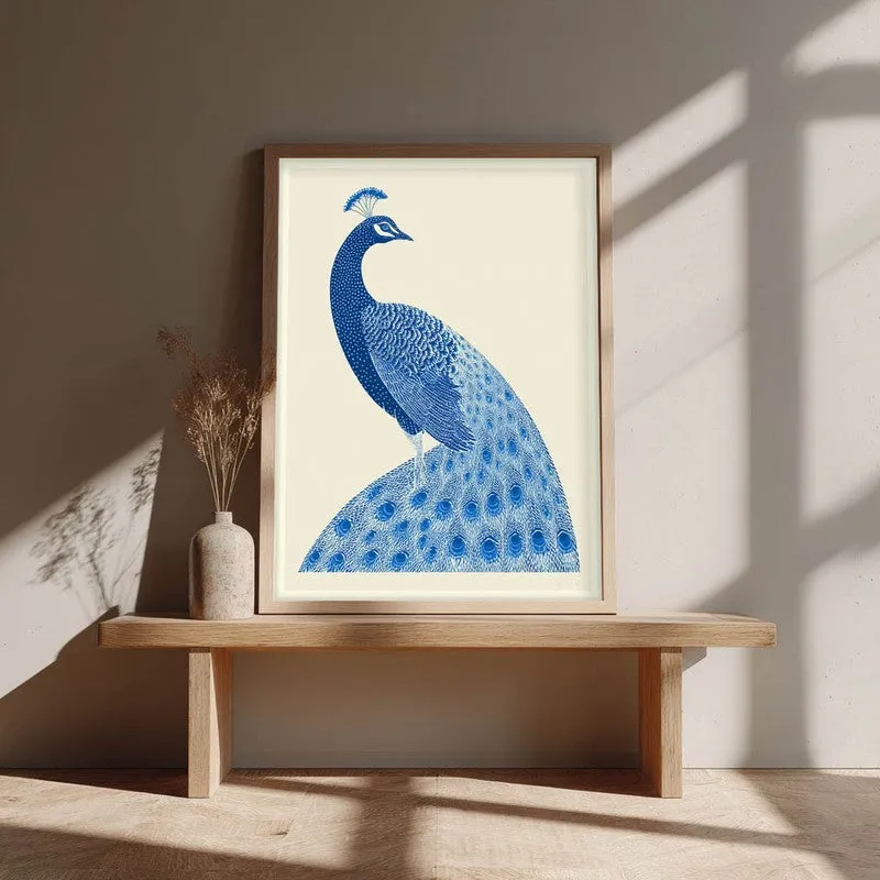 Royal Blue Peacock Canvas Wall Painting With Brown Frame media 3