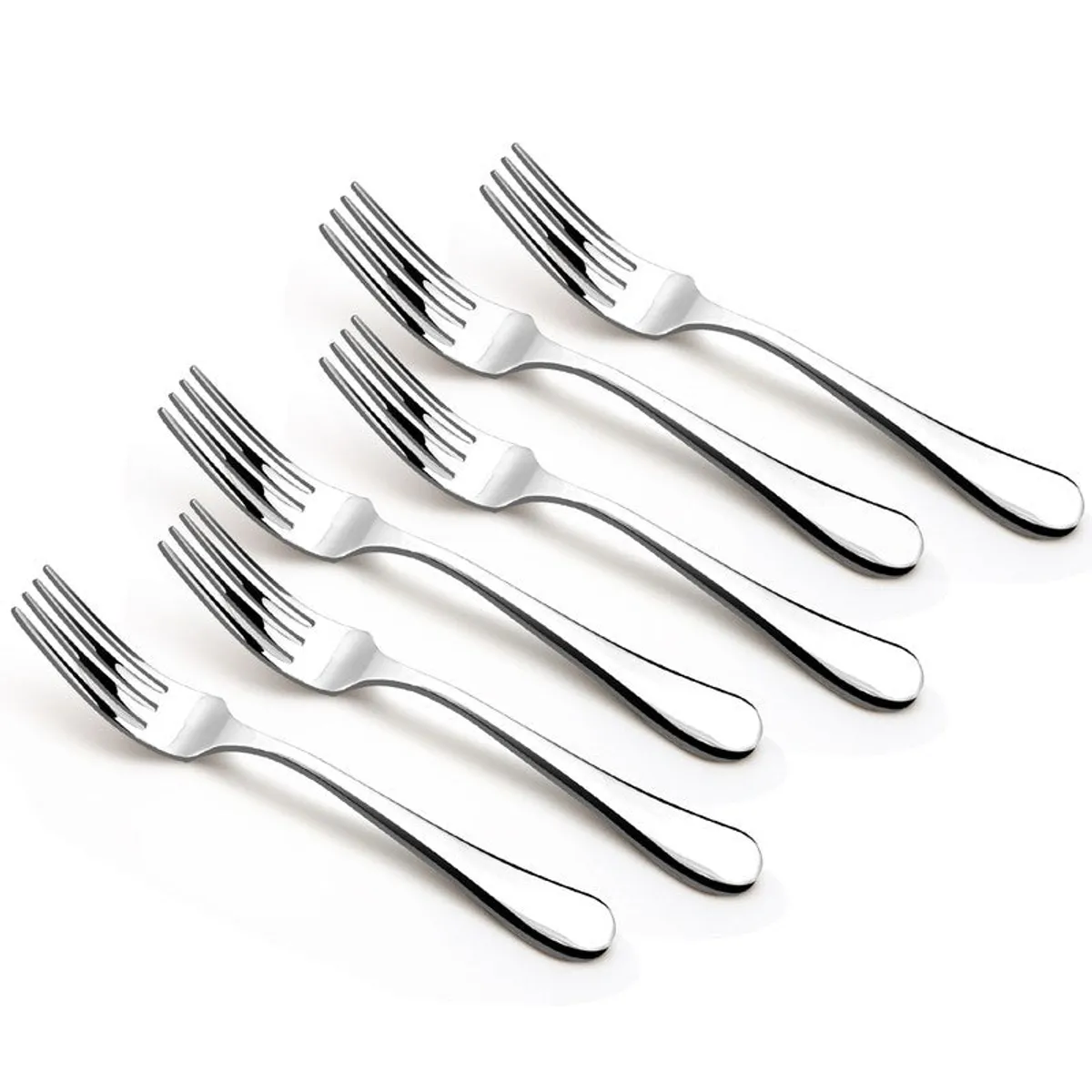 Six polished silver dinner forks arranged diagonally on a white background