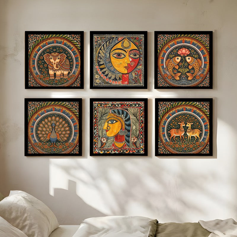 Timeless Motifs Paper Wall Paintings With Frame - Set Of Six