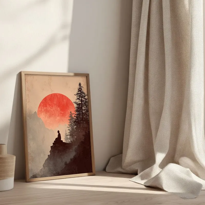 Crimson Sun II Over Silent Peaks Archival Paper Wall Painting With Brown Frame media 3