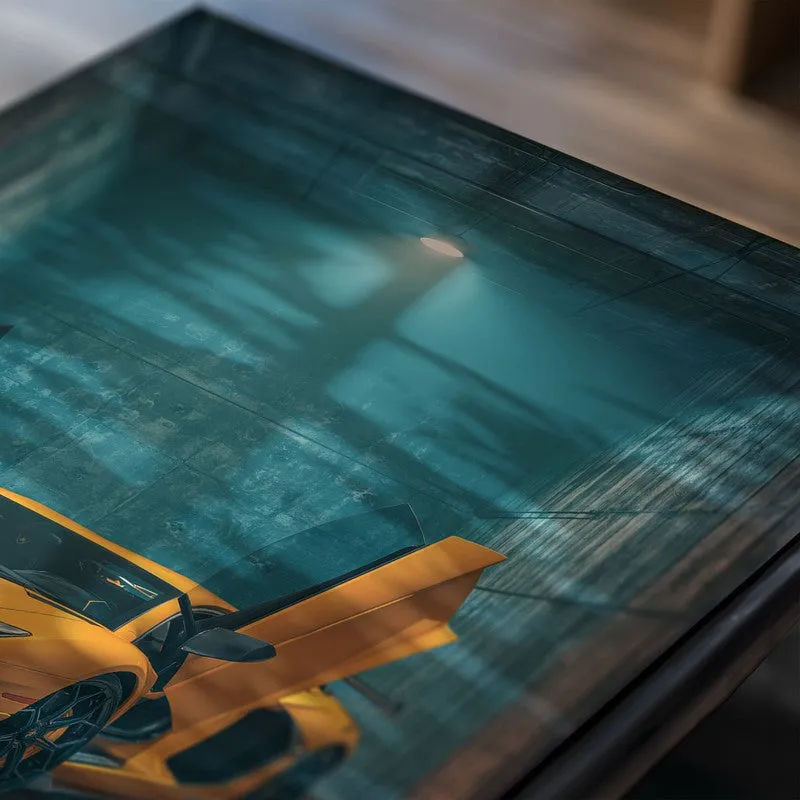 Close-up of a glossy poster showing a yellow sports car in a teal setting
