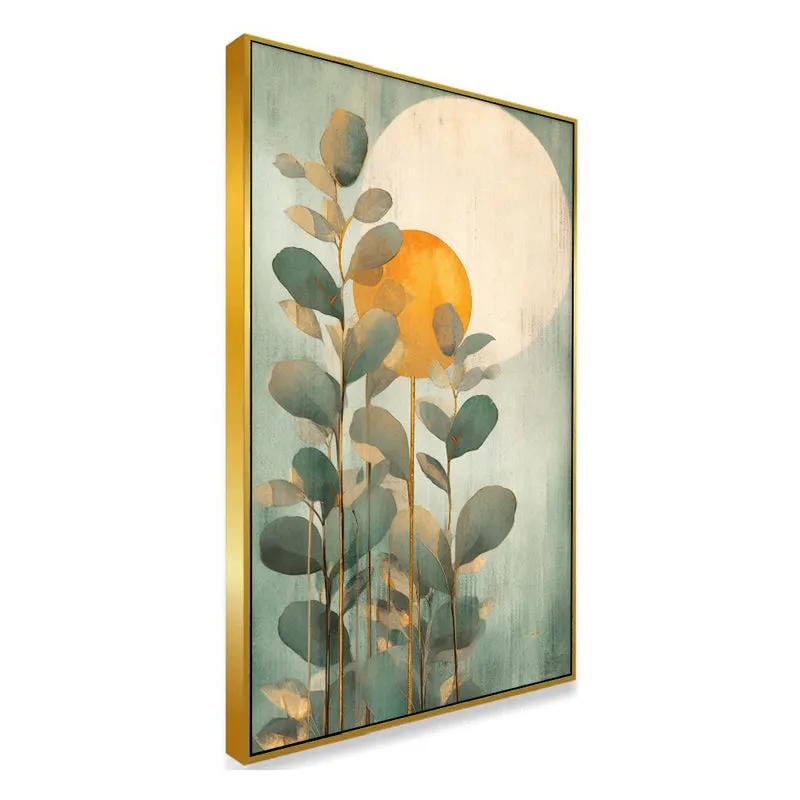 Fading Green Sunset Floral Canvas Wall Painting With Frame - Gold media 4