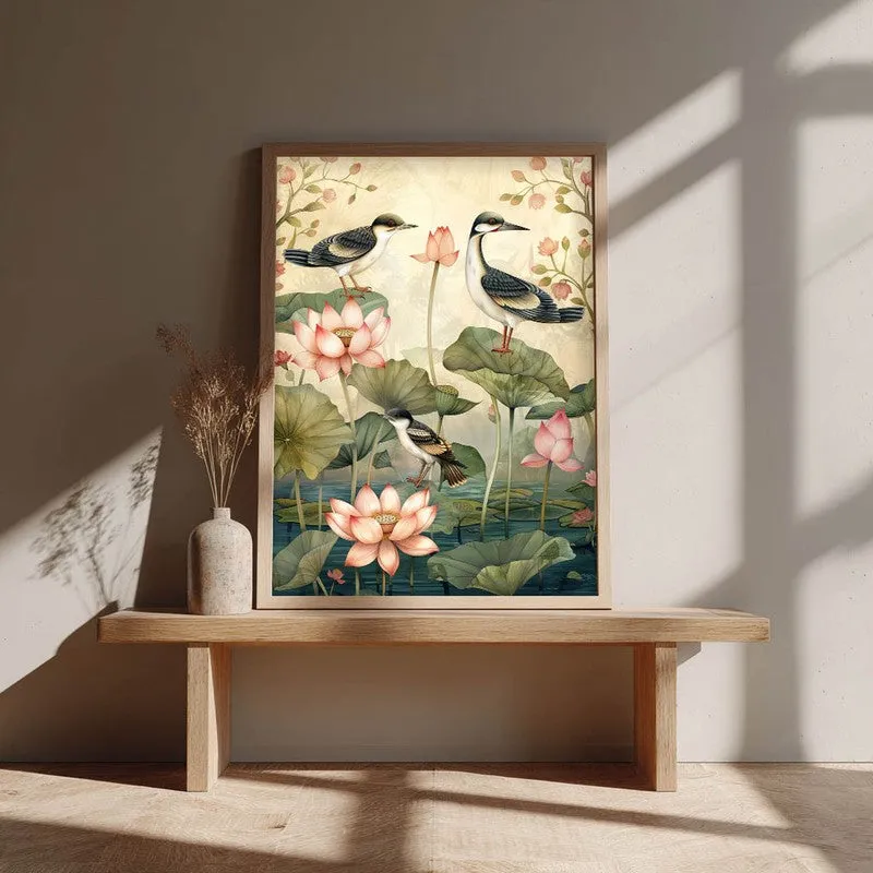 Lotus Pond Canvas Wall Painting With Brown Frame media 3