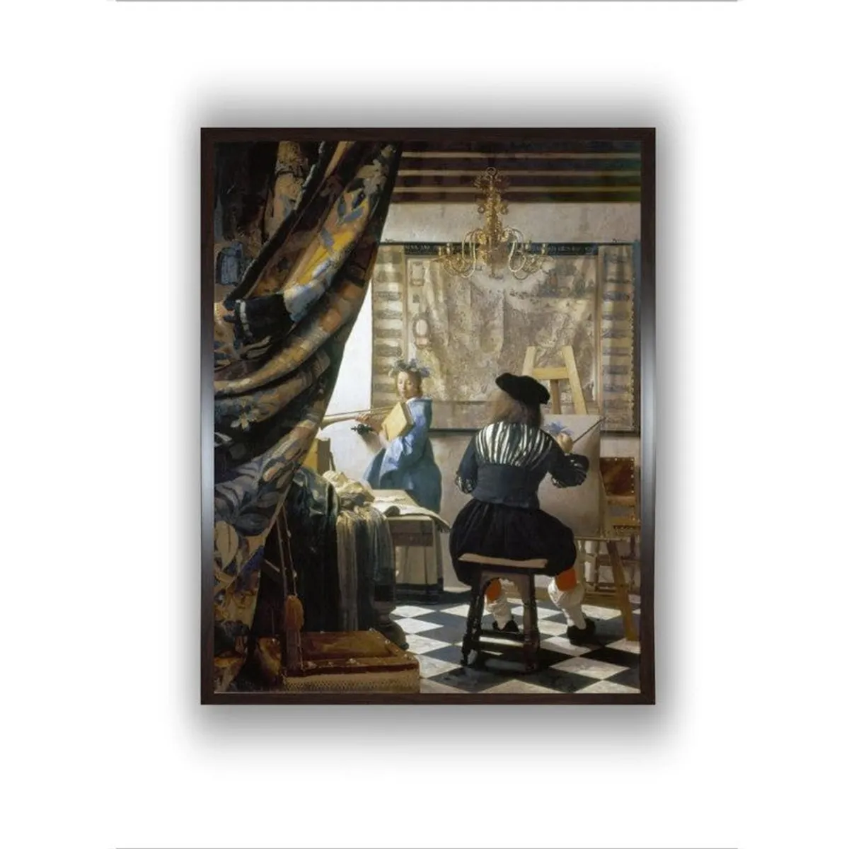 Front view of a framed canvas showing an artist seated in a historic studio