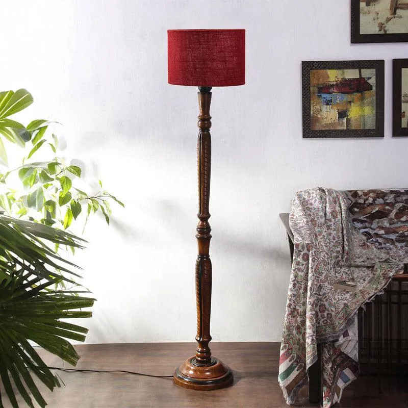 Biya Vintage Wooden Floor Lamp With Jute Shade - Maroon media 3