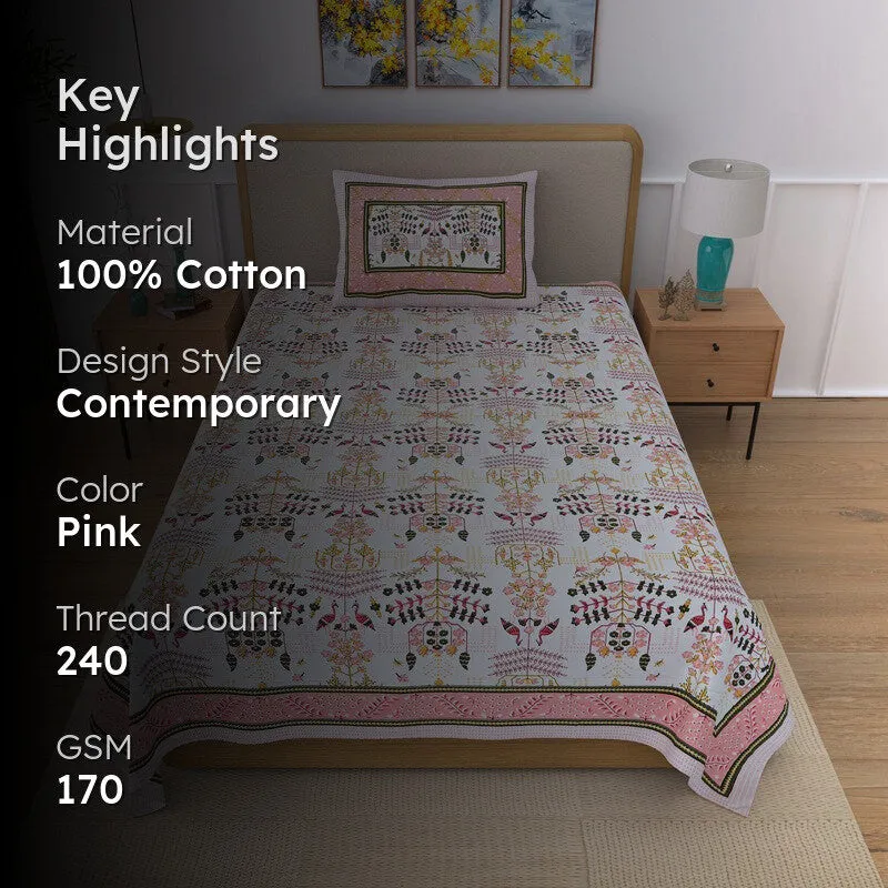 Serenza Floral Cotton Bedsheet (Pink & White) - 240 TC media 2