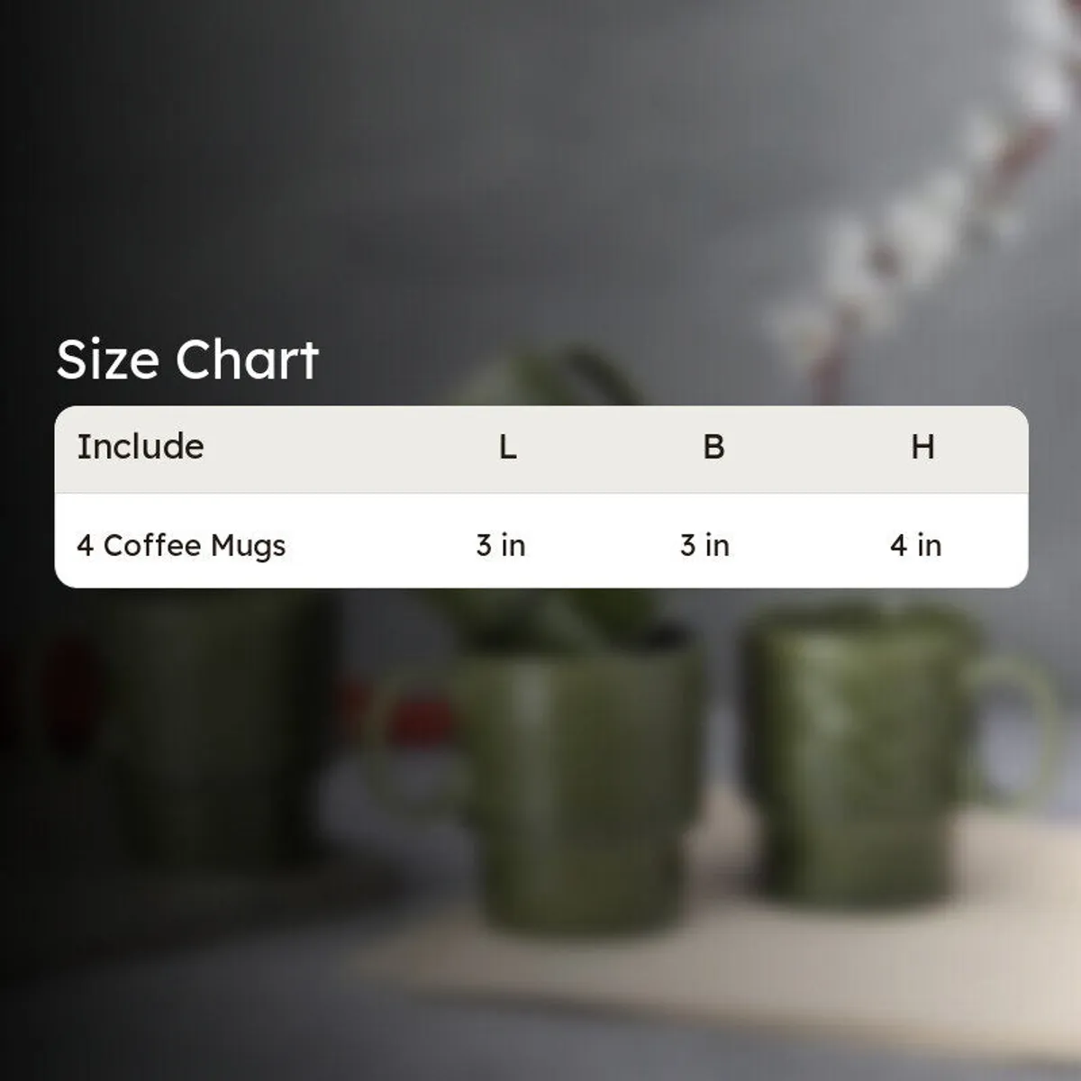 Moss green mug set size chart displayed over a blurred product image