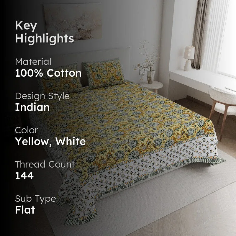 BlossomAura Cotton Bedsheet (Yellow) - 144 TC media 2