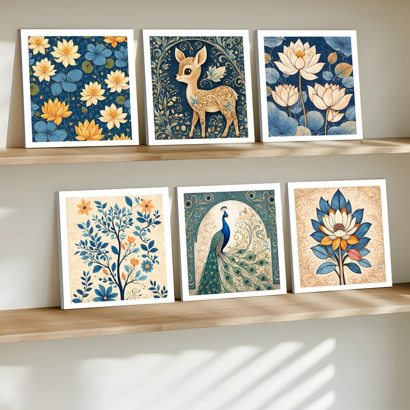 Indigo Vines Paper Wall Painting With Frame - Set Of Six media 3